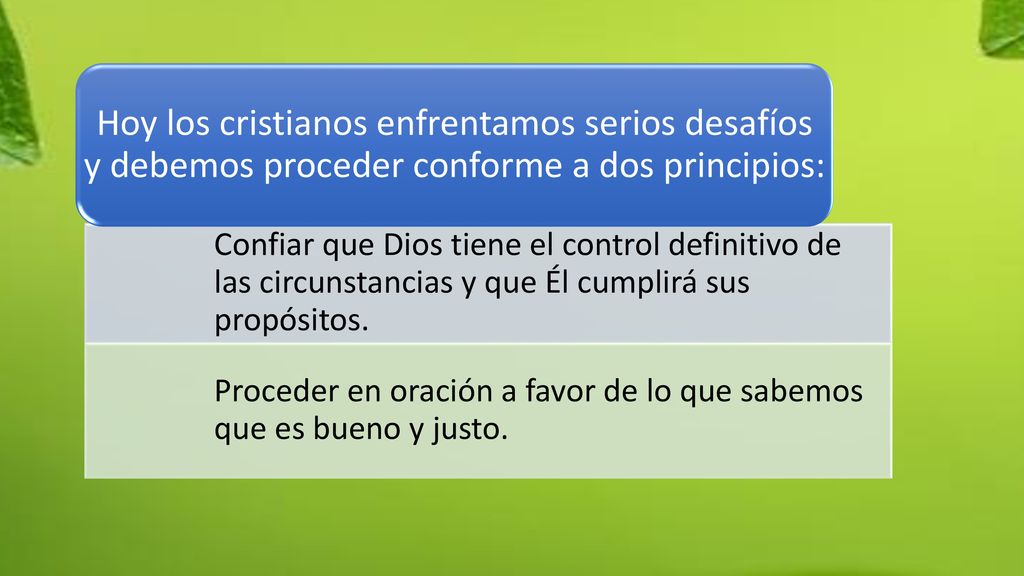 Confiar que Dios tiene el control definitivo de las circunstancias y que Él cumplirá sus propósitos.