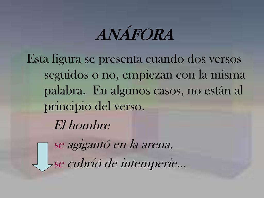 ANÁFORA Esta figura se presenta cuando dos versos seguidos o no, empiezan con la misma palabra. En algunos casos, no están al principio del verso.