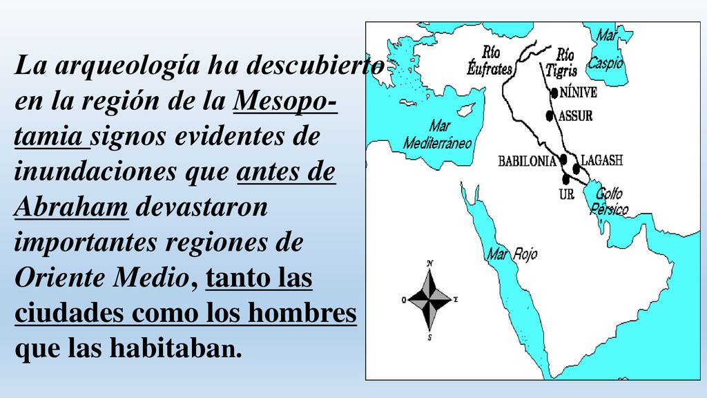 La arqueología ha descubierto en la región de la Mesopo-tamia signos evidentes de inundaciones que antes de Abraham devastaron importantes regiones de Oriente Medio, tanto las ciudades como los hombres que las habitaban.