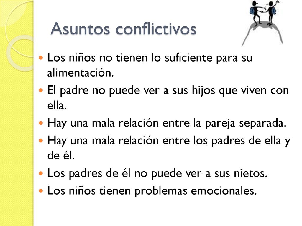Asuntos conflictivos Los niños no tienen lo suficiente para su alimentación. El padre no puede ver a sus hijos que viven con ella.