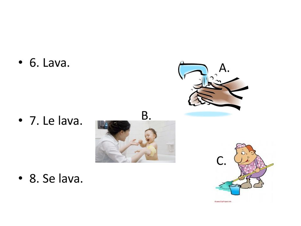 6. Lava. 7. Le lava. 8. Se lava. A. B. C.