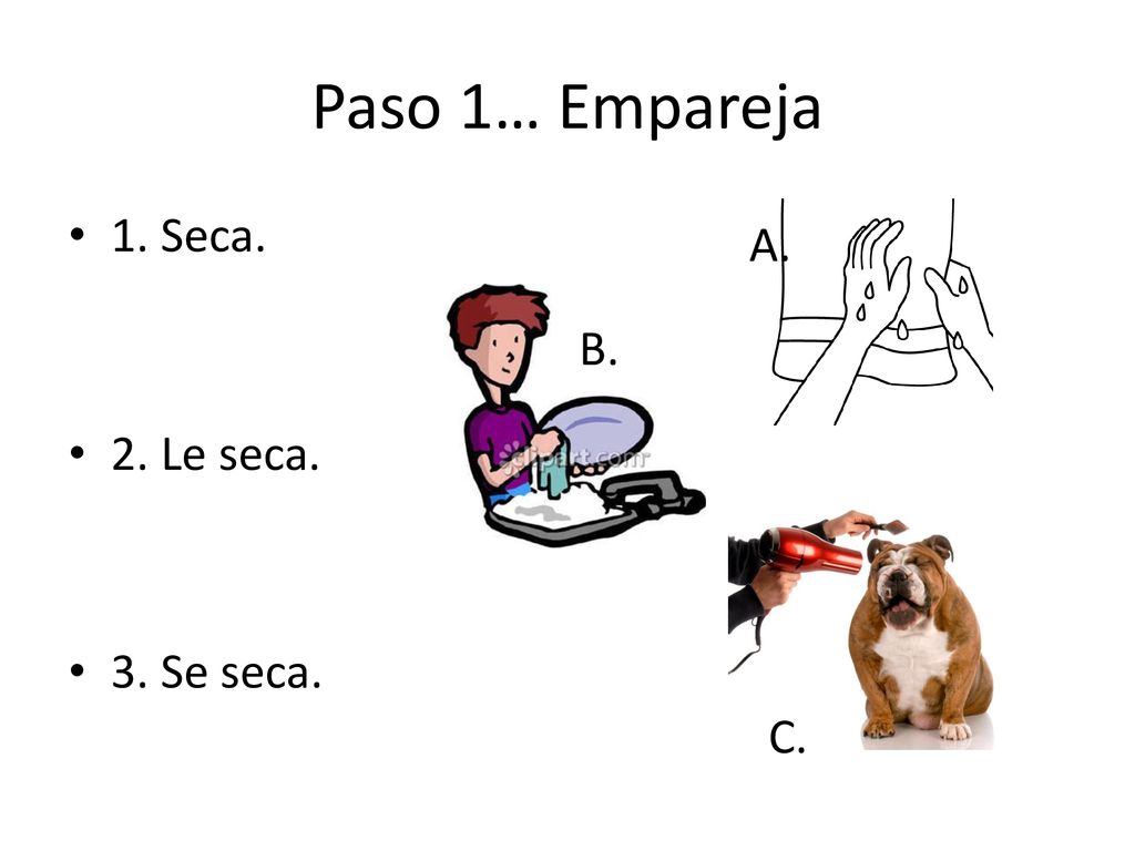 Paso 1… Empareja 1. Seca. 2. Le seca. 3. Se seca. A. B. C.