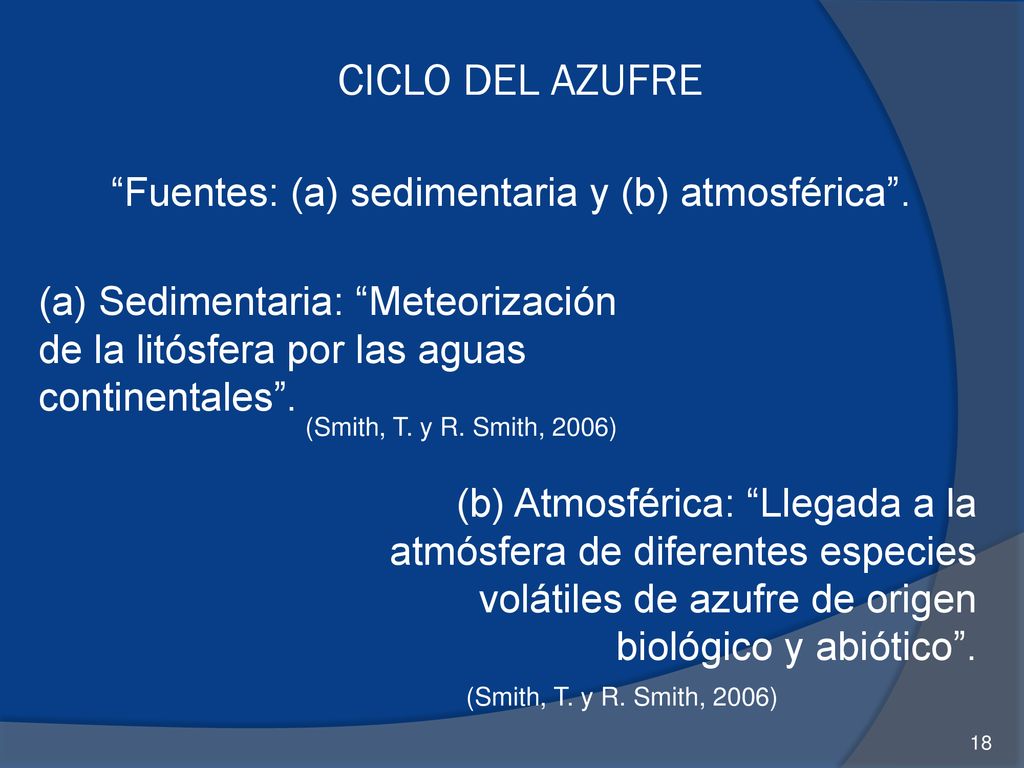 CICLO DEL AZUFRE Fuentes: (a) sedimentaria y (b) atmosférica .