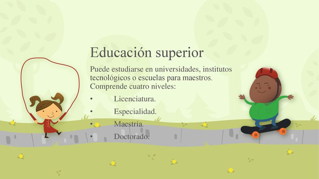 Educación superior Puede estudiarse en universidades, institutos tecnológicos o escuelas para maestros. Comprende cuatro niveles: