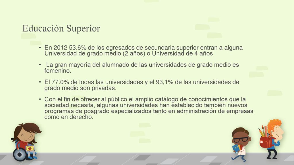 Educación Superior En % de los egresados de secundaria superior entran a alguna Universidad de grado medio (2 años) o Universidad de 4 años.