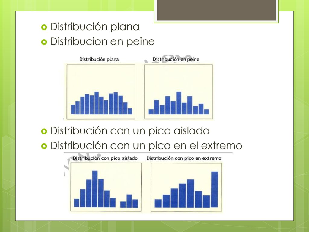 Distribución plana Distribucion en peine. Distribución con un pico aislado.