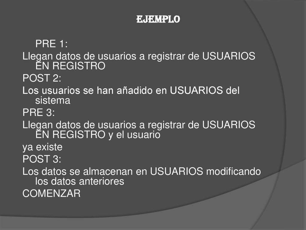 ejemplo PRE 1: Llegan datos de usuarios a registrar de USUARIOS EN REGISTRO. POST 2: Los usuarios se han añadido en USUARIOS del sistema.