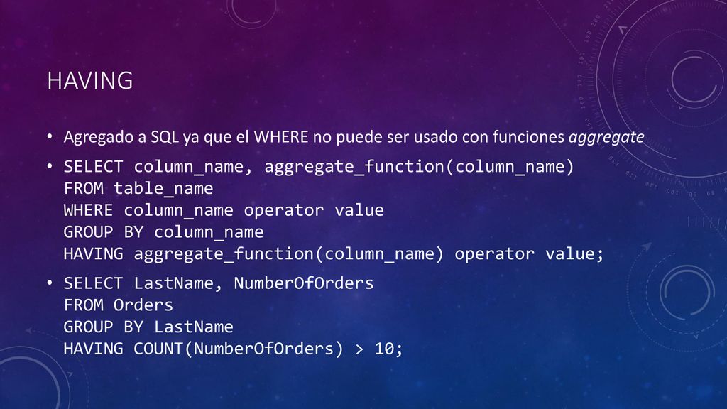 having Agregado a SQL ya que el WHERE no puede ser usado con funciones aggregate.