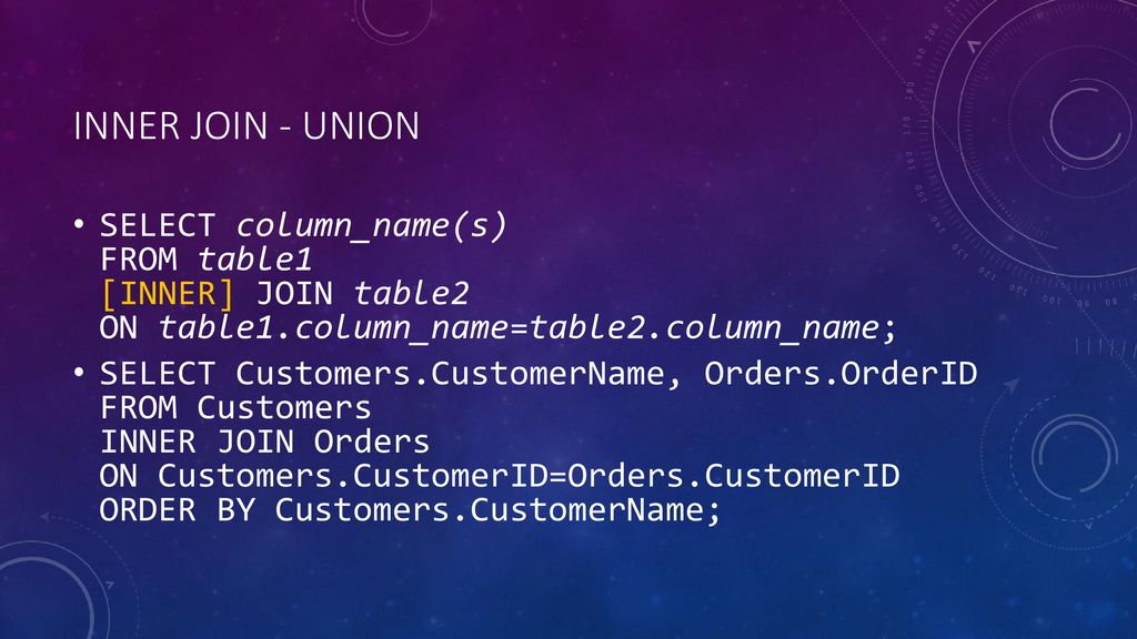 INNER JOIN - UNION SELECT column_name(s) FROM table1 [INNER] JOIN table2 ON table1.column_name=table2.column_name;