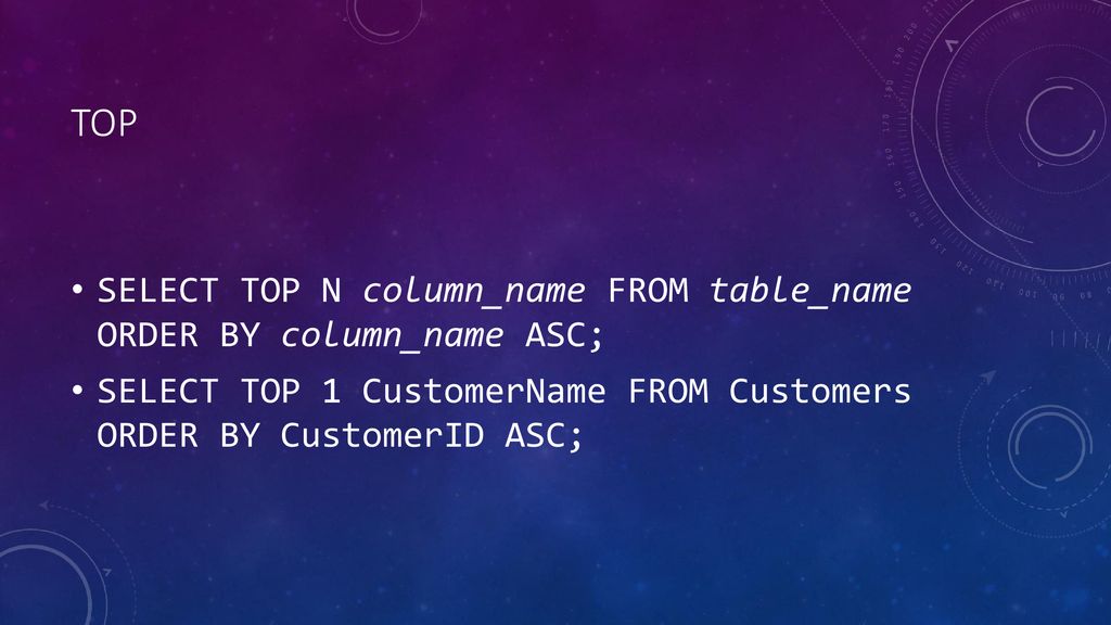 top SELECT TOP N column_name FROM table_name ORDER BY column_name ASC;