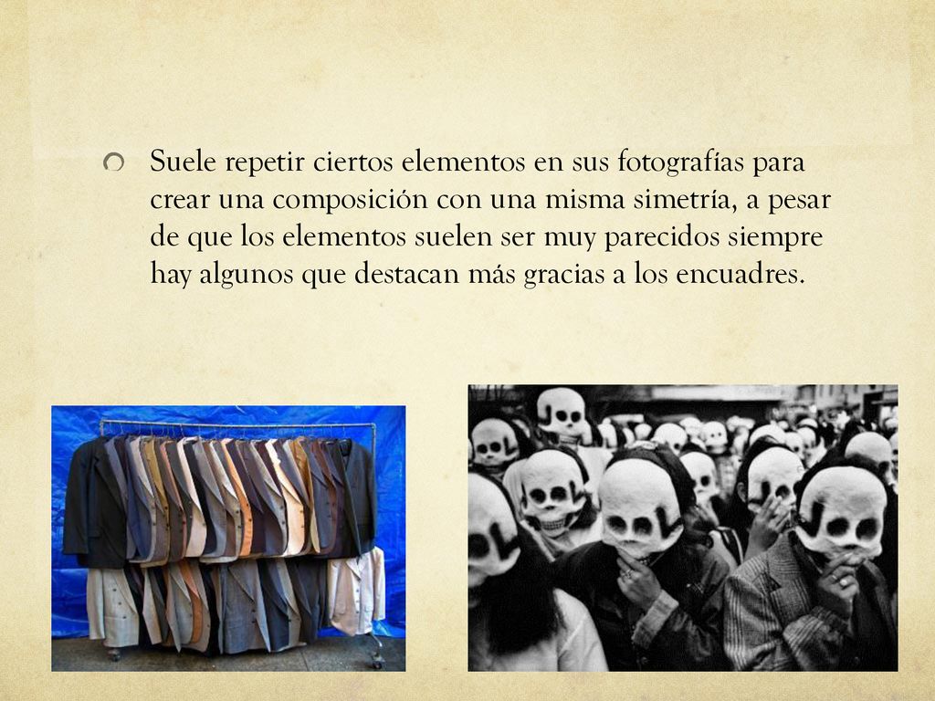 Suele repetir ciertos elementos en sus fotografías para crear una composición con una misma simetría, a pesar de que los elementos suelen ser muy parecidos siempre hay algunos que destacan más gracias a los encuadres.