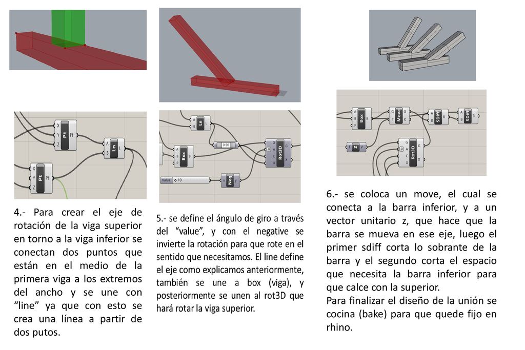 6.- se coloca un move, el cual se conecta a la barra inferior, y a un vector unitario z, que hace que la barra se mueva en ese eje, luego el primer sdiff corta lo sobrante de la barra y el segundo corta el espacio que necesita la barra inferior para que calce con la superior.