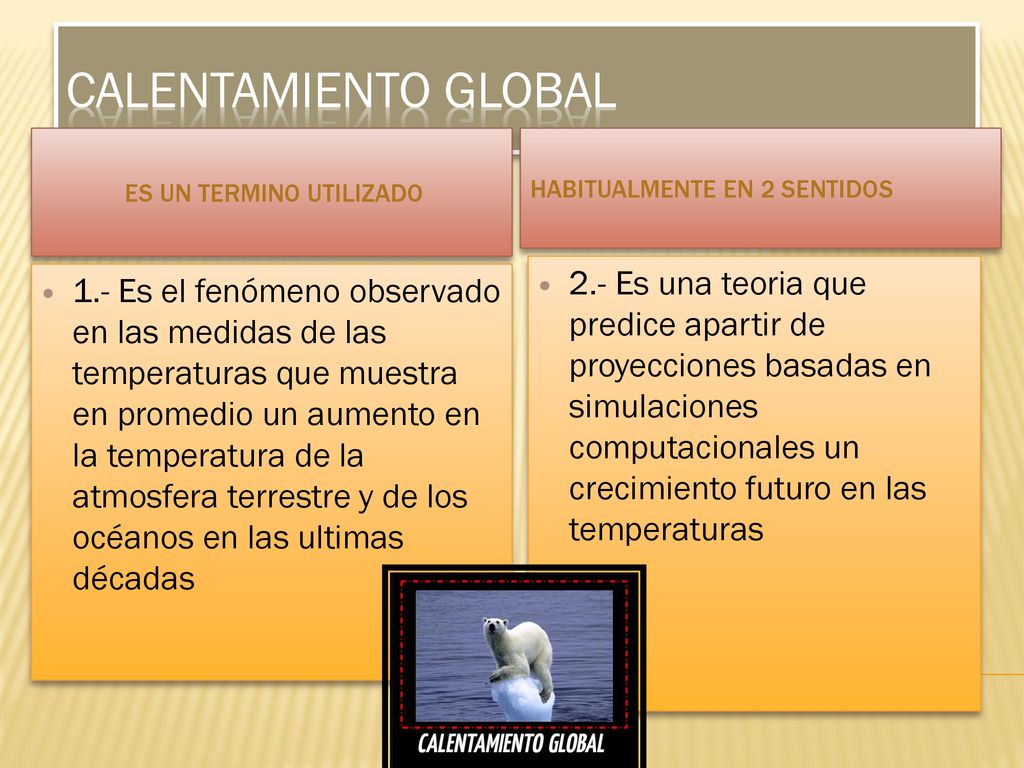 Calentamiento global Es un termino utilizado. Habitualmente en 2 sentidos.