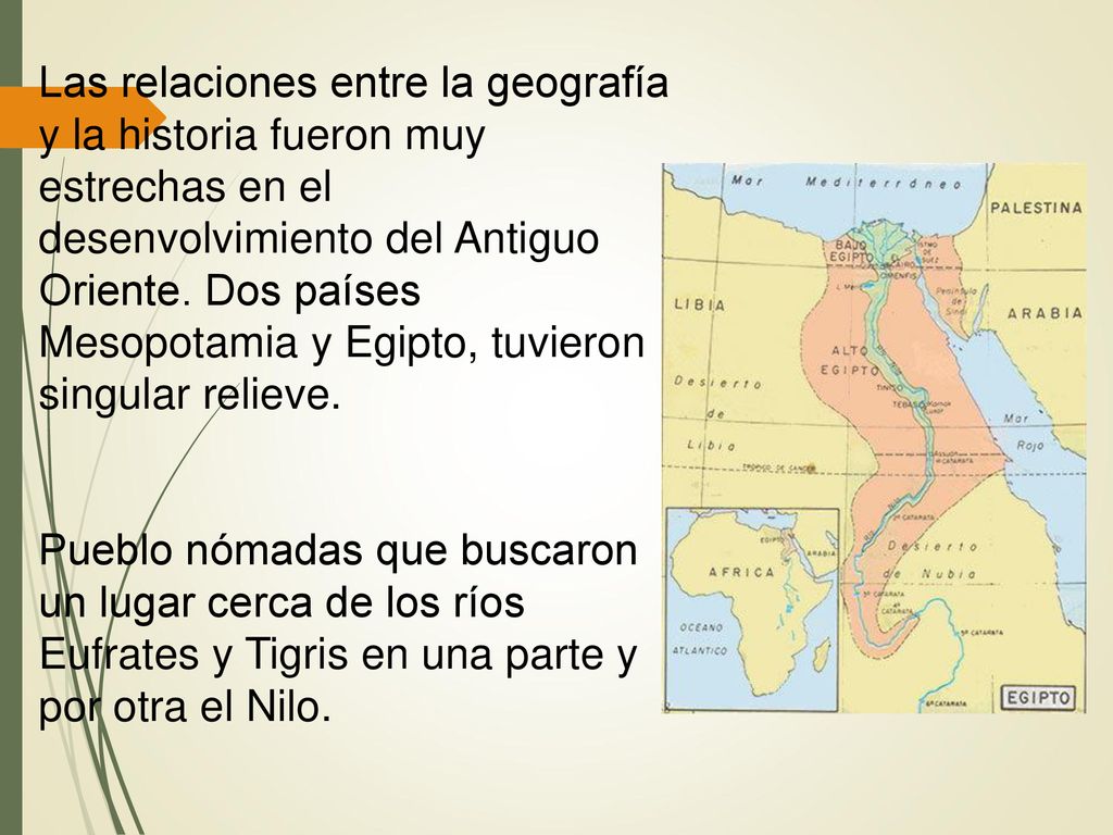 Las relaciones entre la geografía y la historia fueron muy estrechas en el desenvolvimiento del Antiguo Oriente. Dos países Mesopotamia y Egipto, tuvieron singular relieve.