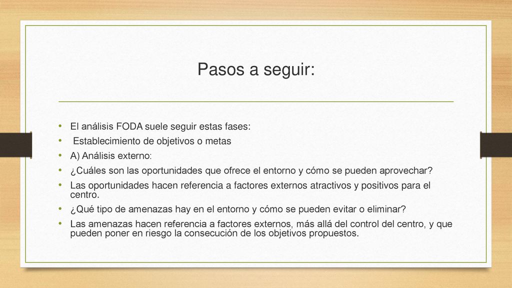 Pasos a seguir: El análisis FODA suele seguir estas fases: