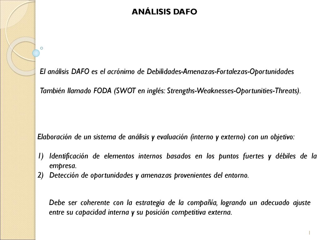 ANÁLISIS DAFO El análisis DAFO es el acrónimo de Debilidades-Amenazas-Fortalezas-Oportunidades.