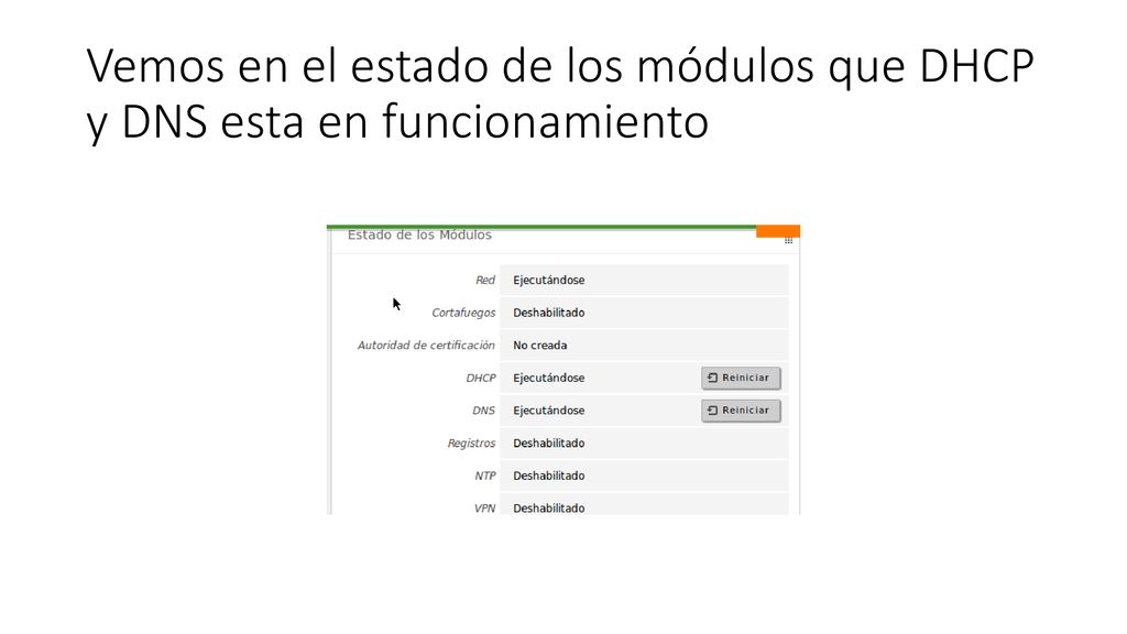 Vemos en el estado de los módulos que DHCP y DNS esta en funcionamiento