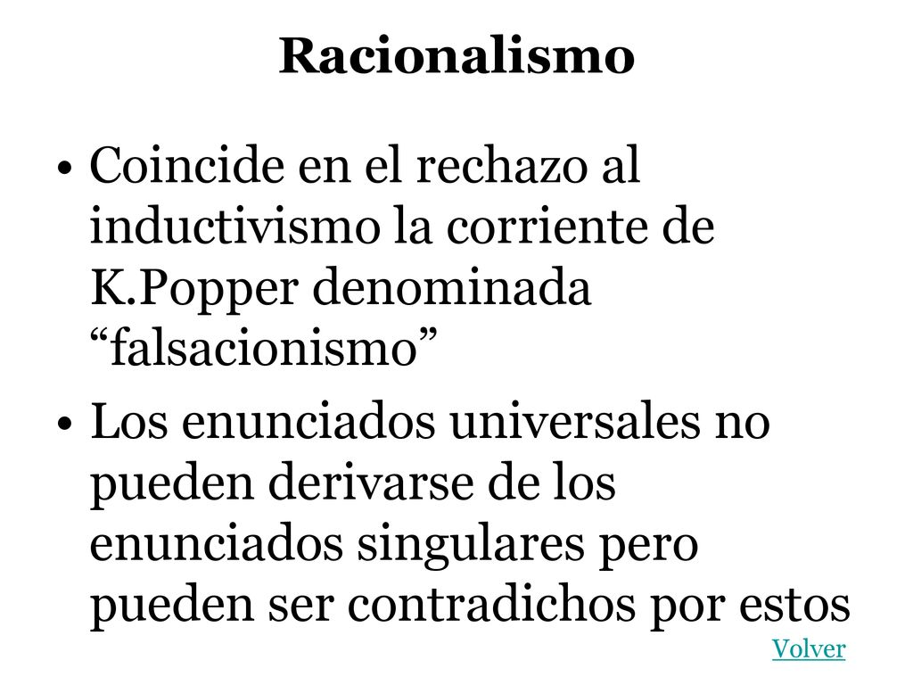 Racionalismo Coincide en el rechazo al inductivismo la corriente de K.Popper denominada falsacionismo