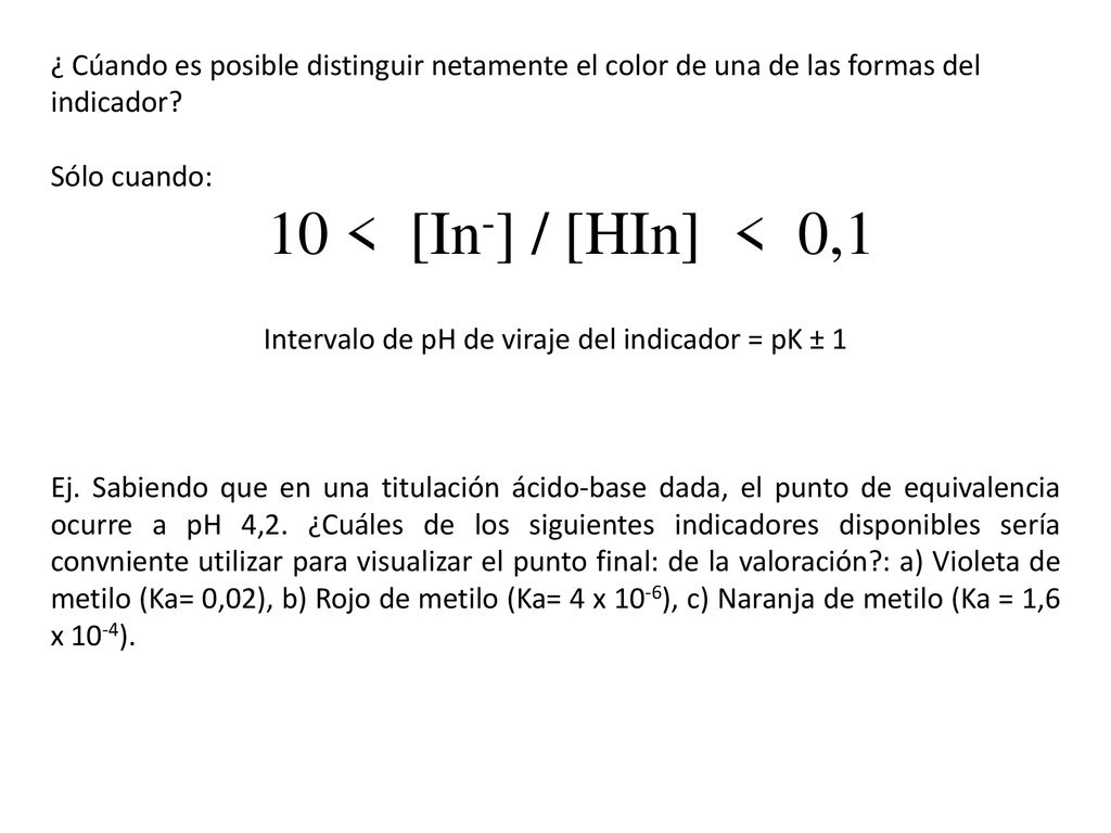 Intervalo de pH de viraje del indicador = pK ± 1