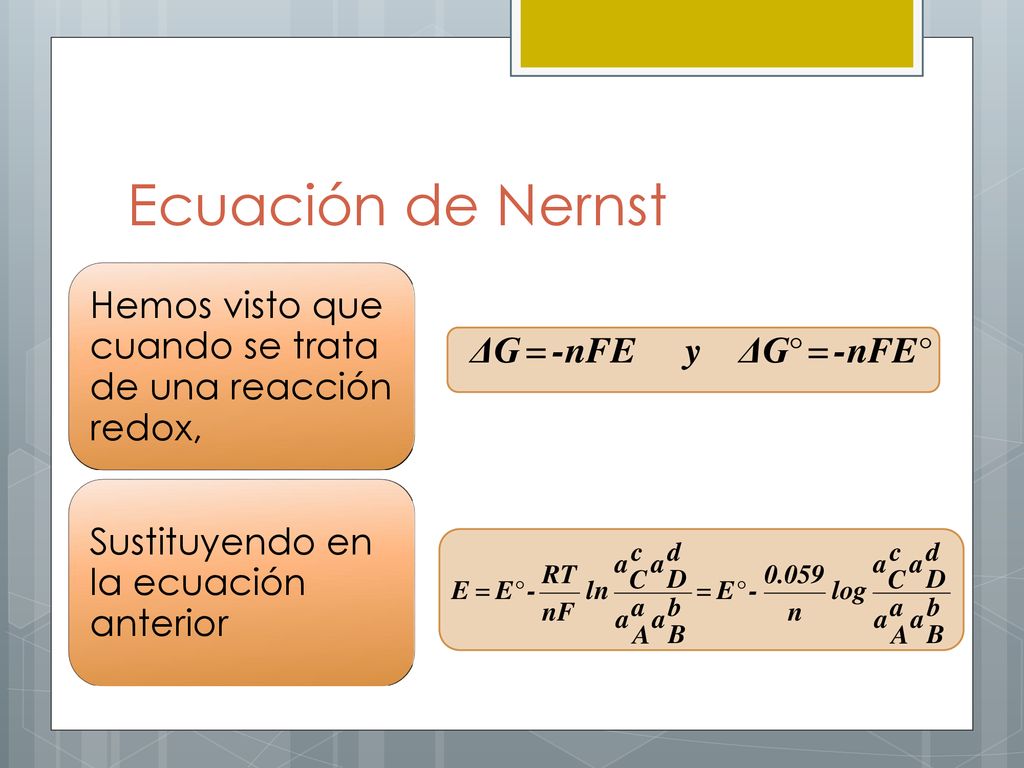 Ecuación de Nernst Hemos visto que cuando se trata de una reacción redox, Sustituyendo en la ecuación anterior.