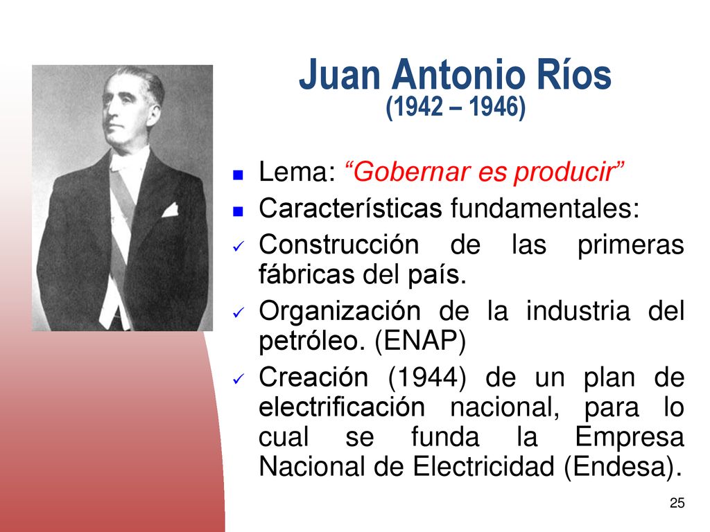 Juan Antonio Ríos (1942 – 1946) Lema: Gobernar es producir