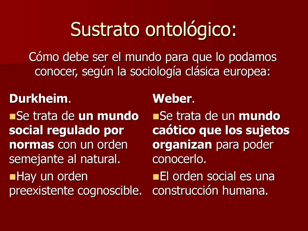 Sustrato ontológico: Cómo debe ser el mundo para que lo podamos conocer, según la sociología clásica europea: