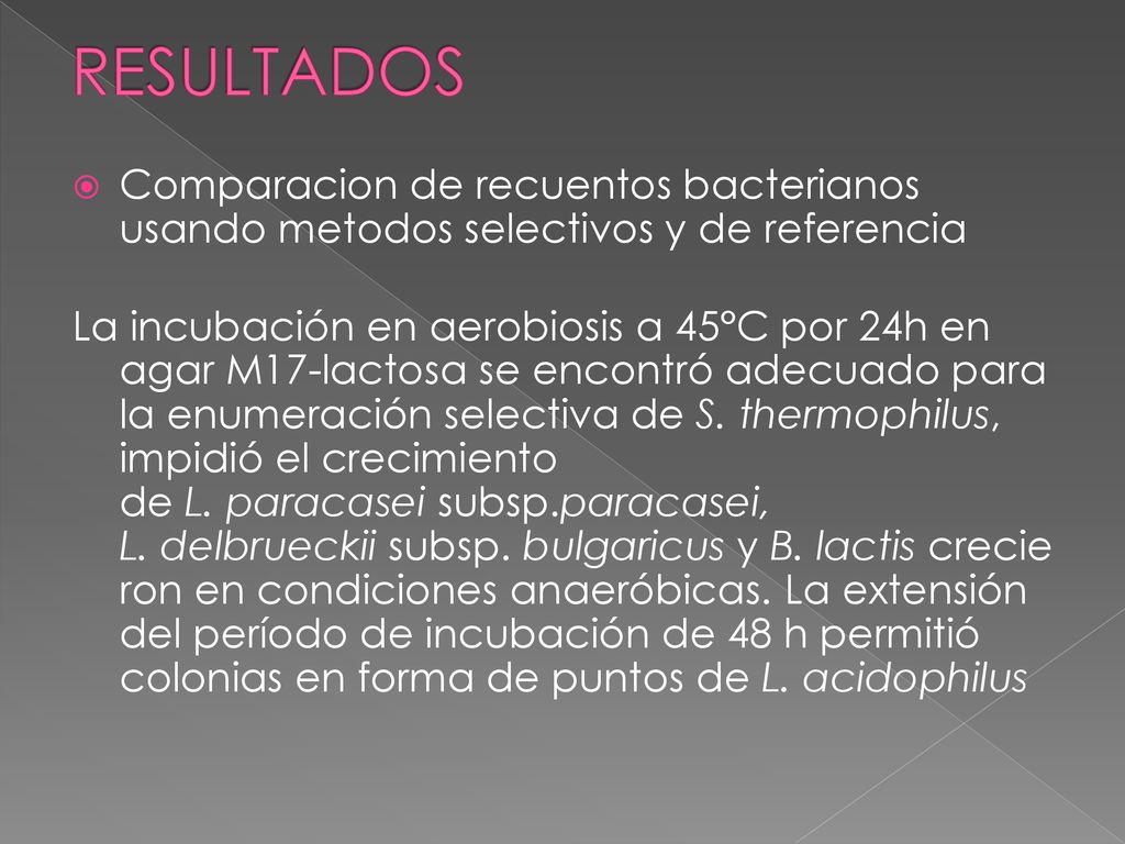 RESULTADOS Comparacion de recuentos bacterianos usando metodos selectivos y de referencia.