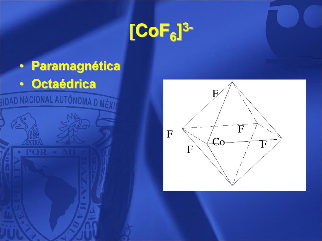 CoF6]3- Paramagnética Octaédrica F F F Co F F 10