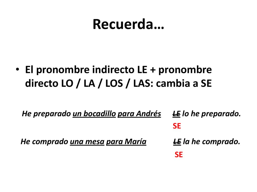 Recuerda… El pronombre indirecto LE + pronombre directo LO / LA / LOS / LAS: cambia a SE.