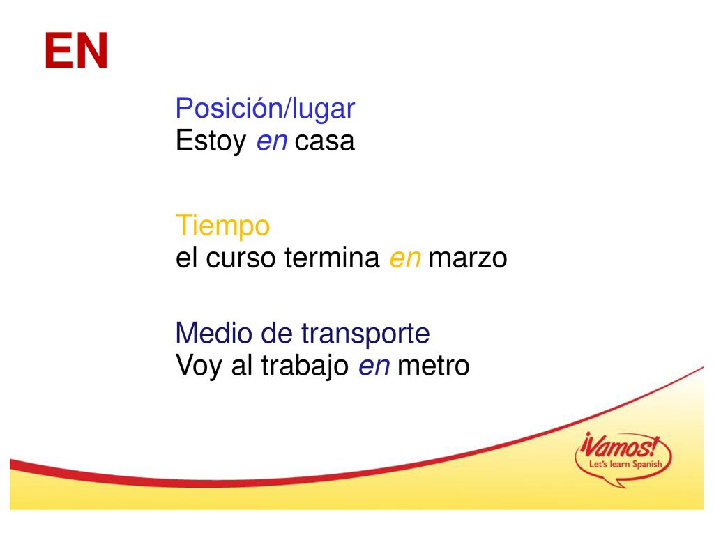 EN Posición/lugar Estoy en casa Medio de transporte Tiempo