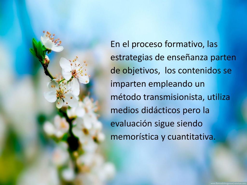 En el proceso formativo, las estrategias de enseñanza parten de objetivos, los contenidos se imparten empleando un método transmisionista, utiliza medios didácticos pero la evaluación sigue siendo memorística y cuantitativa.