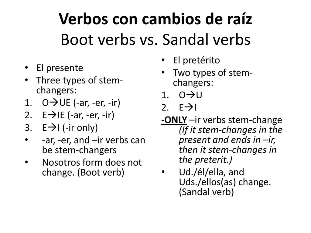 Verbos con cambios de raíz Boot verbs vs. Sandal verbs