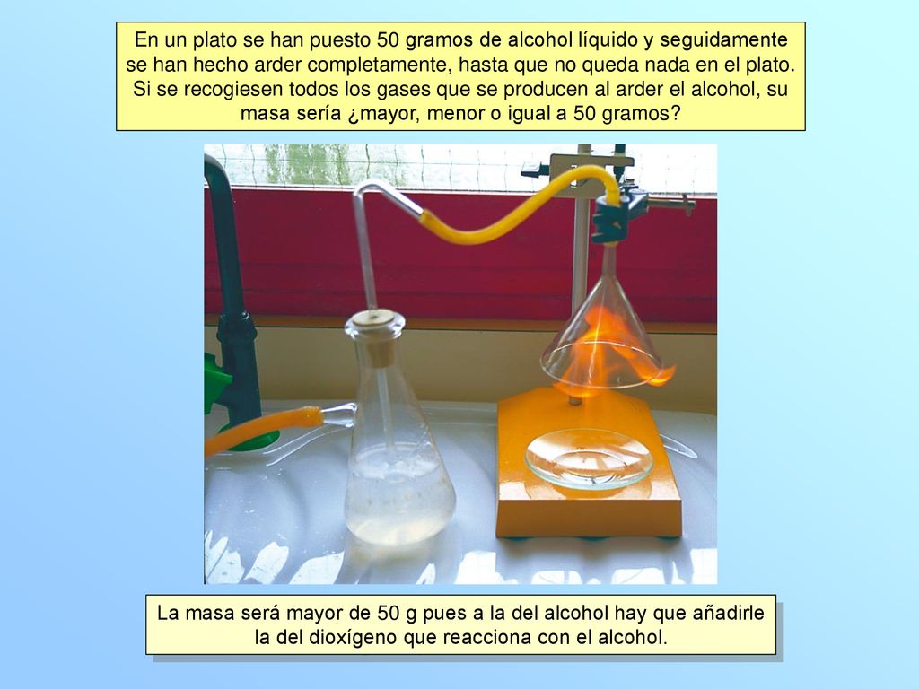 En un plato se han puesto 50 gramos de alcohol líquido y seguidamente se han hecho arder completamente, hasta que no queda nada en el plato. Si se recogiesen todos los gases que se producen al arder el alcohol, su masa sería ¿mayor, menor o igual a 50 gramos