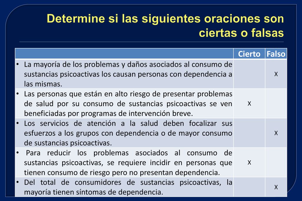 Determine si las siguientes oraciones son ciertas o falsas