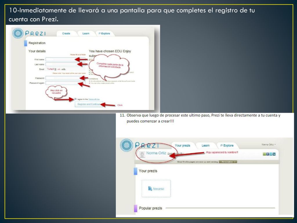 10-Inmediatamente de llevará a una pantalla para que completes el registro de tu cuenta con Prezi.
