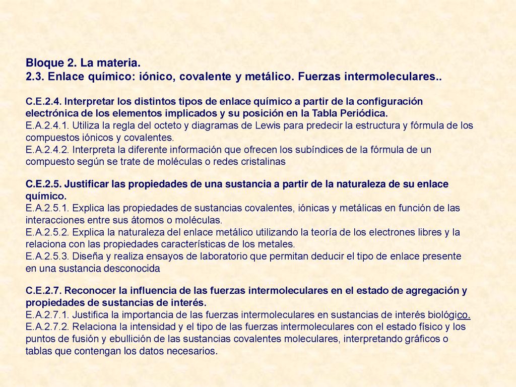 Bloque 2. La materia Enlace químico: iónico, covalente y metálico. Fuerzas intermoleculares..