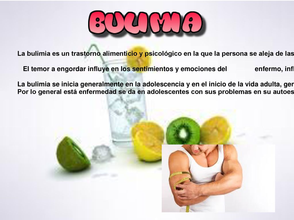La bulimia es un trastorno alimenticio y psicológico en la que la persona se aleja de las formas de alimentación saludable consumiendo comida en exceso, en periodos de tiempo cortos, para después eliminar el exceso de alimentos a través de vómitos o de laxantes.