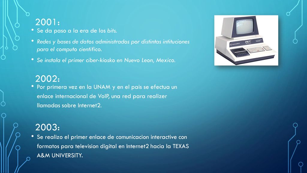 2001: 2002: 2003: Se da paso a la era de los bits.
