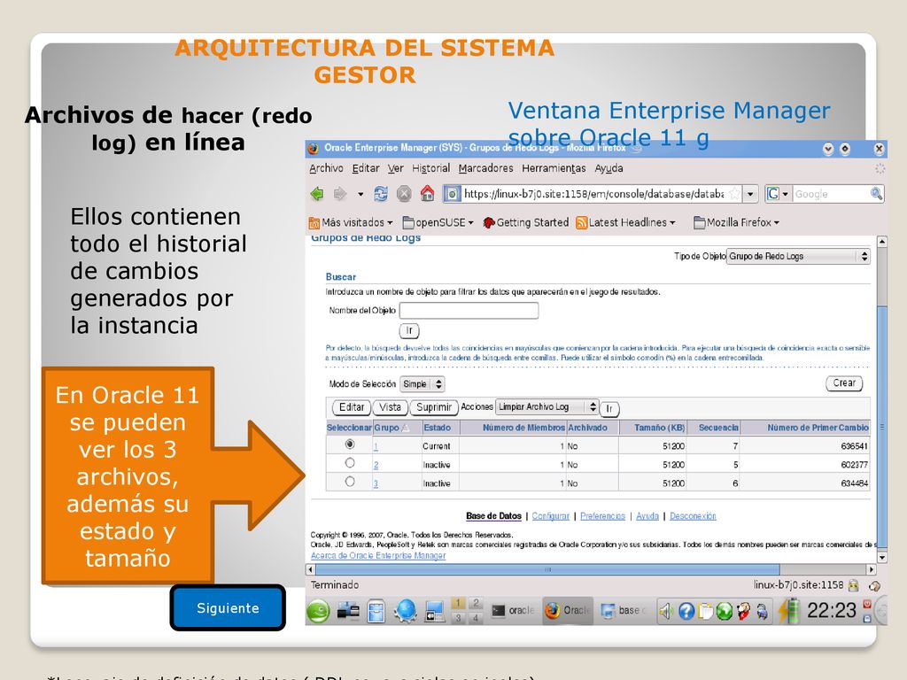 ARQUITECTURA DEL SISTEMA GESTOR Archivos de hacer (redo log) en línea