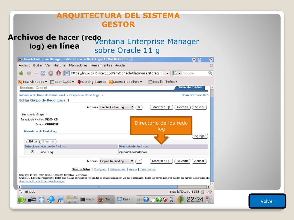 ARQUITECTURA DEL SISTEMA GESTOR Archivos de hacer (redo log) en línea