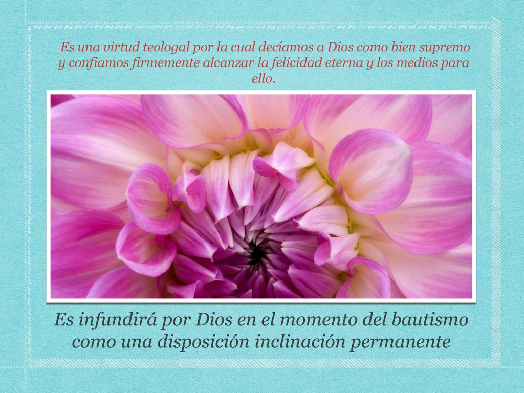 Es una virtud teologal por la cual decíamos a Dios como bien supremo y confiamos firmemente alcanzar la felicidad eterna y los medios para ello.