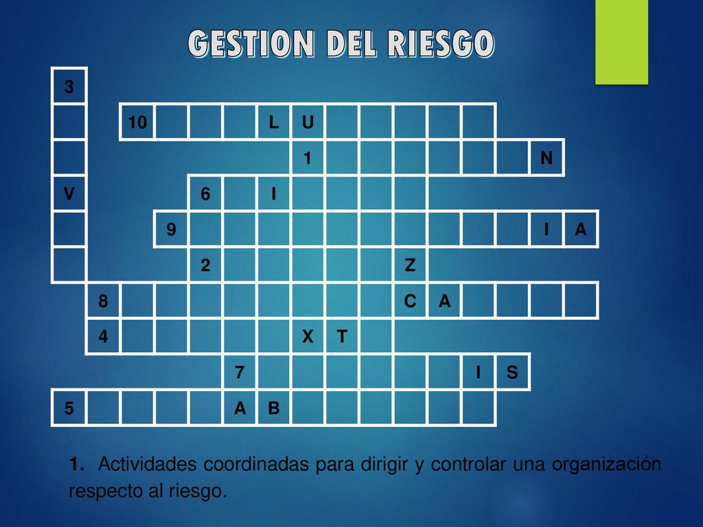 GESTION DEL RIESGO L. U. 1. N. V. 6. I. 9. A. 2. Z. 8. C. 4. X. T. 7. S. 5.