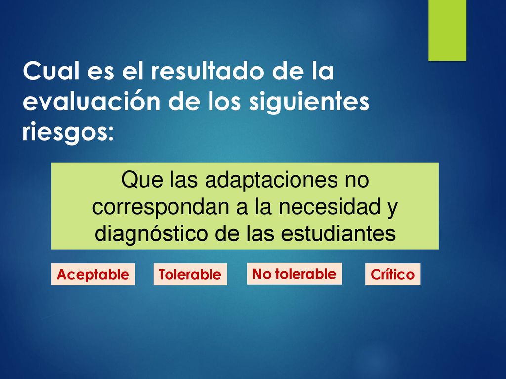 Cual es el resultado de la evaluación de los siguientes riesgos: