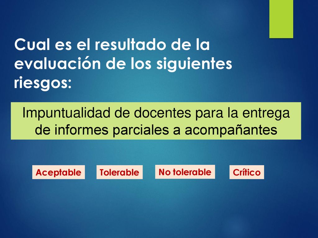 Cual es el resultado de la evaluación de los siguientes riesgos: