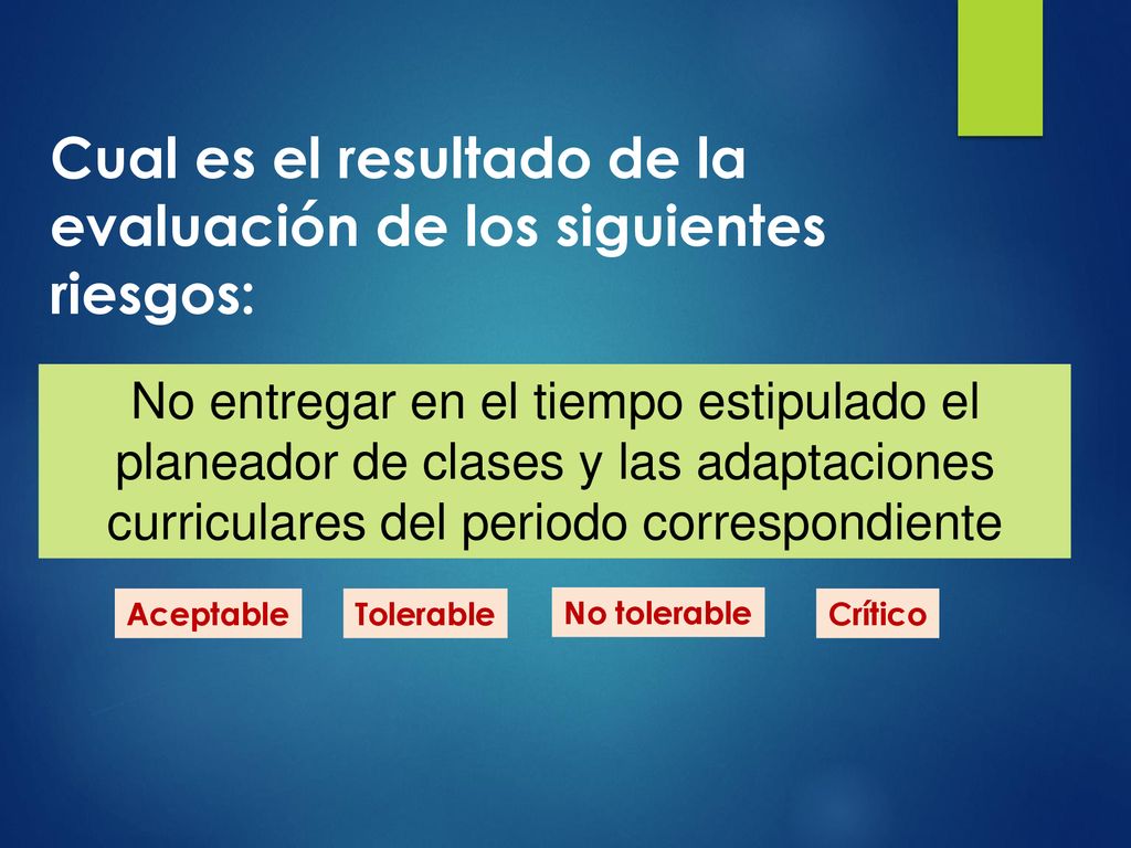 Cual es el resultado de la evaluación de los siguientes riesgos: