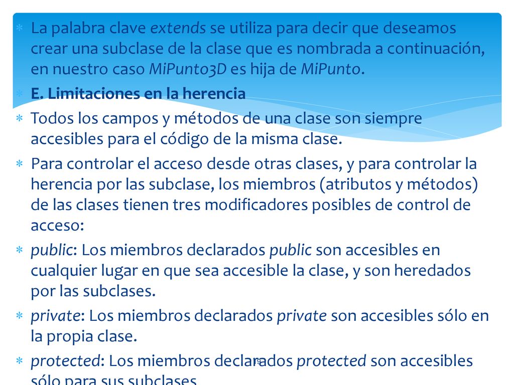 La palabra clave extends se utiliza para decir que deseamos crear una subclase de la clase que es nombrada a continuación, en nuestro caso MiPunto3D es hija de MiPunto.