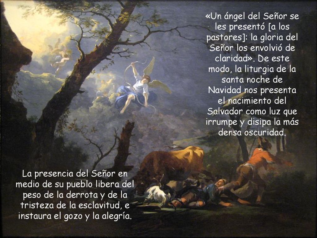 «Un ángel del Señor se les presentó [a los pastores]: la gloria del Señor los envolvió de claridad». De este modo, la liturgia de la santa noche de Navidad nos presenta el nacimiento del Salvador como luz que irrumpe y disipa la más densa oscuridad.