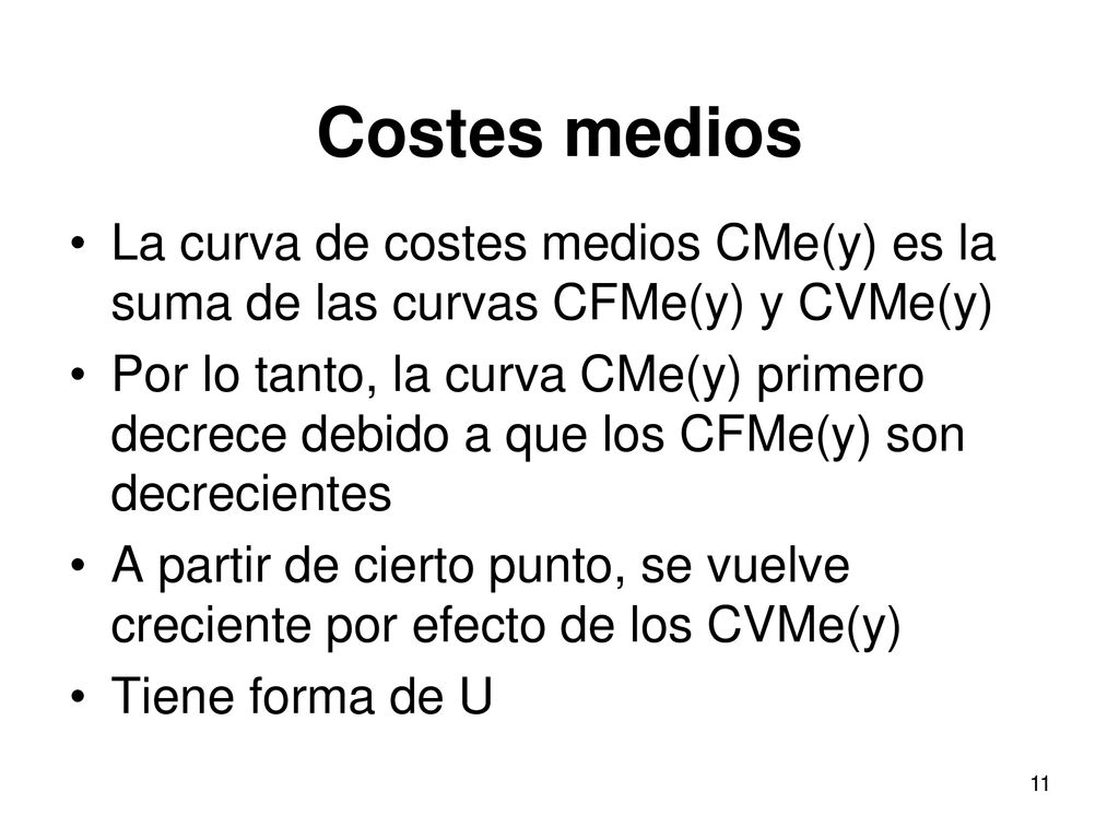 Costes medios La curva de costes medios CMe(y) es la suma de las curvas CFMe(y) y CVMe(y)