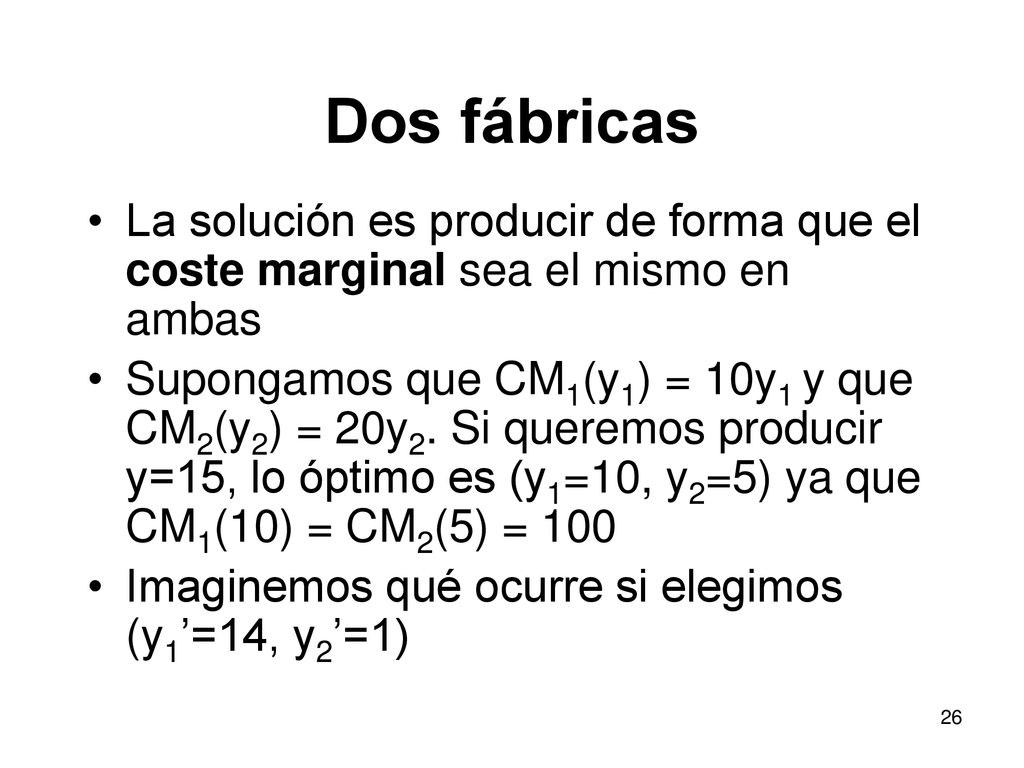 Dos fábricas La solución es producir de forma que el coste marginal sea el mismo en ambas.