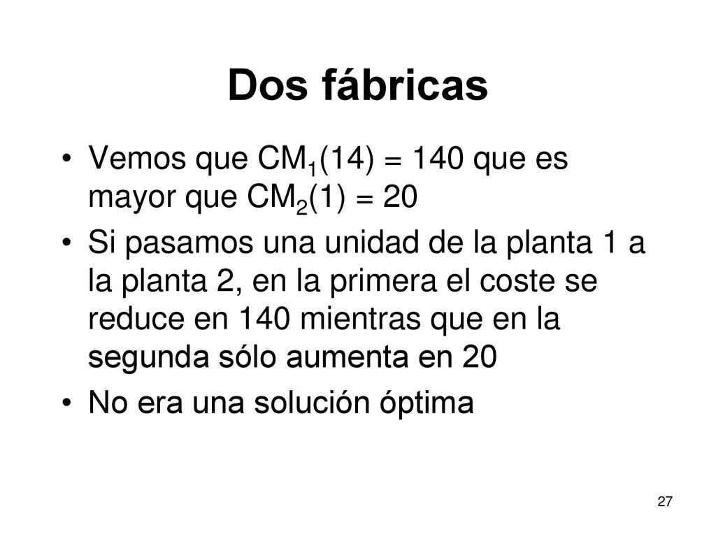 Dos fábricas Vemos que CM1(14) = 140 que es mayor que CM2(1) = 20